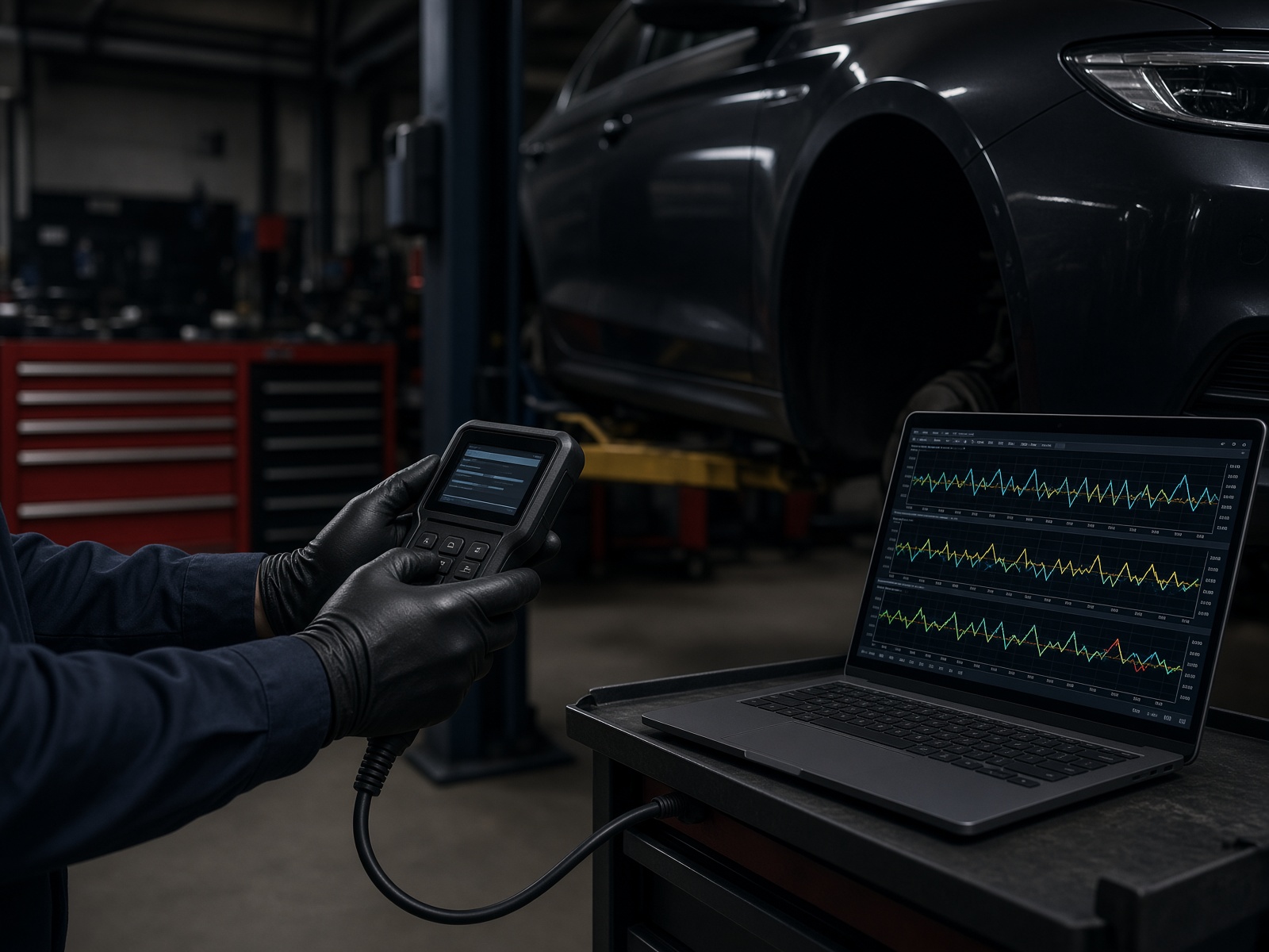 Escáner automotriz y laptop conectados a un vehículo en el banco de diagnóstico